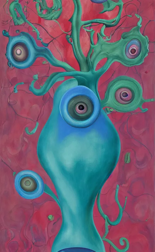 Image similar to a biomorphic painting of a vase with flowers and eyeballs in it, a surrealist painting by Bridget Bate Tichenor, by Georgia O'Keeffe, by Amanda Sage, pastel blues and pinks, featured on artstation, metaphysical painting, oil on canvas, fluid acrylic pour art, airbrush art, marbled