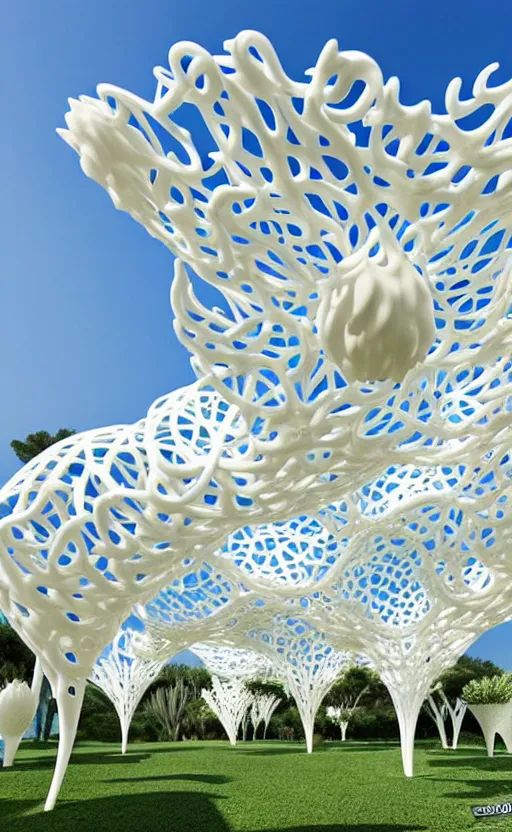 Image similar to elegant white art 3 d printed parametric installation with playful surreal tall lemon groves, beautiful sunny day, fluidity, vincent callebaut, mamou - mani, innovative voronoi pavilion with huge white magnolias above