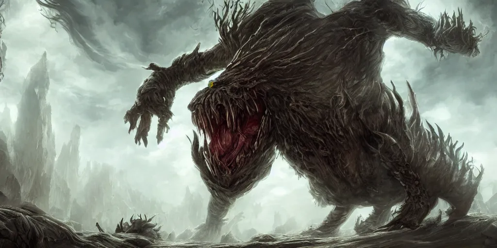 Prompt: Gigantic quadruped monster with hair like fingers, high quality fantasy horror art, 4k