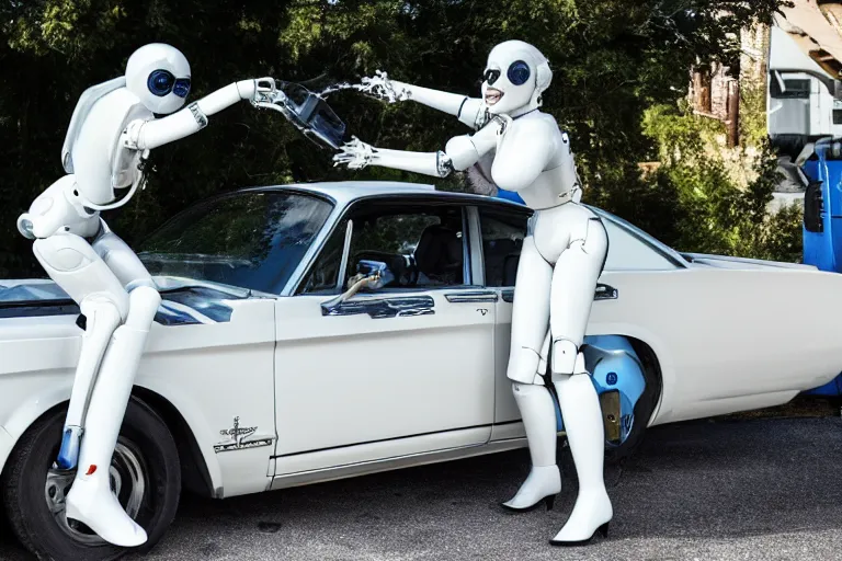 Prompt: lady gaga as a futuristic robot made out of white glass and shiny chrome washing a classic ford mustang car, a woman washing a car on a hot summer day, high resolution film still, 8 k, hdr colors
