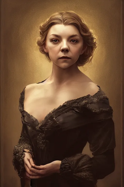 Image similar to a portrait of Natalie Dormer as an elegant beautiful dark bohemian vampire woman, bored, illustration, dramatic lighting, soft details, painting oil on canvas, art nouveau, octane render, HDR, 4k, 8k, HD, by Edmund Blair Leighton, Brom, Charlie Bowater, trending on artstation, faces by Tom Bagshaw, Sargent