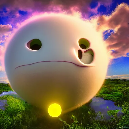 Prompt: fantastical vibrant bulbous weird!!!!!!!!!!! smiley face emoji shaped cloud ball with holes for eyes and mouth, in a nature scene by marc adamus, high definition, rays of light breaking behind the smiley face, cheerful, rave art, semitransparent