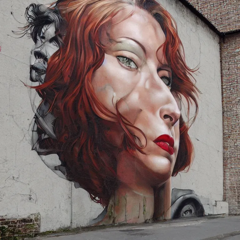 Image similar to Street-art portrait of Milica Bogdanivna Jovovich on the red brick wall in style of Etam Cru, photorealism