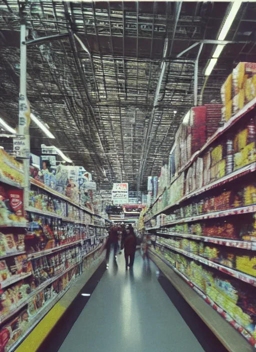 Image similar to first person view. walking through a costco in 1 9 9 7. blurry polaroid. simple composition.