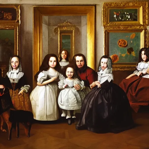 Image similar to a highly super quality oil canva family portrait in the main room of the castle painted in 1 6 5 6, dark room, one point of light coming through the window inspired by las meninas, clear spaces between each subject and good detail and realistic eyes, faces for each person in the canva, inspired by diego velasquez better quiality