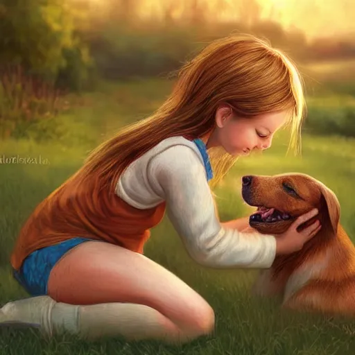 Image similar to semirealistic digital art of a girl playing with a dog, golden hour, detailed