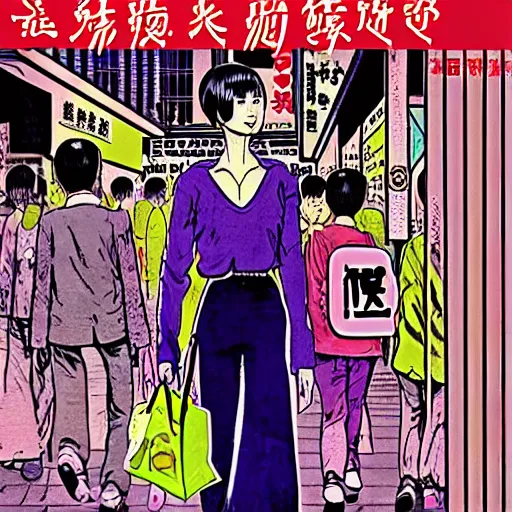 Image similar to glossy old advertising poster, young woman walking through crowded hong kong street, vendors, zombies, horror, drawn comic by junji ito, pastels, gradient