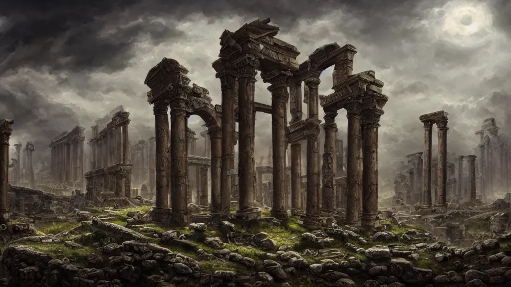 Image similar to elaborated ornate painted illustration of the non-ecludian cyclopean ruins of the dead city of the elder gods, matte painting, dramatic lighting, highly detailed oil painting, 8k resolution, sorrowful nostalgic awe-inspiring atmosphere, masterpiece