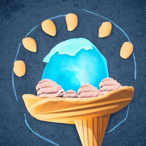 Image similar to earth made of ice cream, in a cone, which is melting under the heat