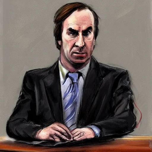 Image similar to saul goodman defending michael scorn in acourt, courtroom painting