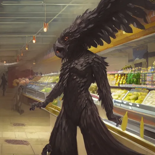 Image similar to digital painting of a super market grocery shopping elegant but deadly chicogriff, griffin chicogriff hybrid monster, by Greg Rutkowski, magic the gathering concept art, trending on artstation, 4k resolution, ((in a super market Costco))