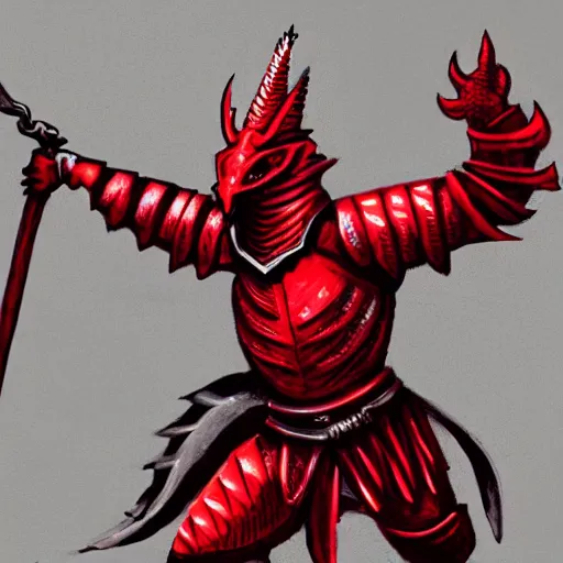 Prompt: a knight wearing full red armor, in the style of a dragon, spikes, wielding a whip,