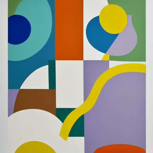 Image similar to rotary dial phone, abstract painting in the style of Sophie Taeuber-Arp and Gary Hume and Tatsuro Kiuchi, flat colour-block style, geometric abstraction, earthy light pastel colours