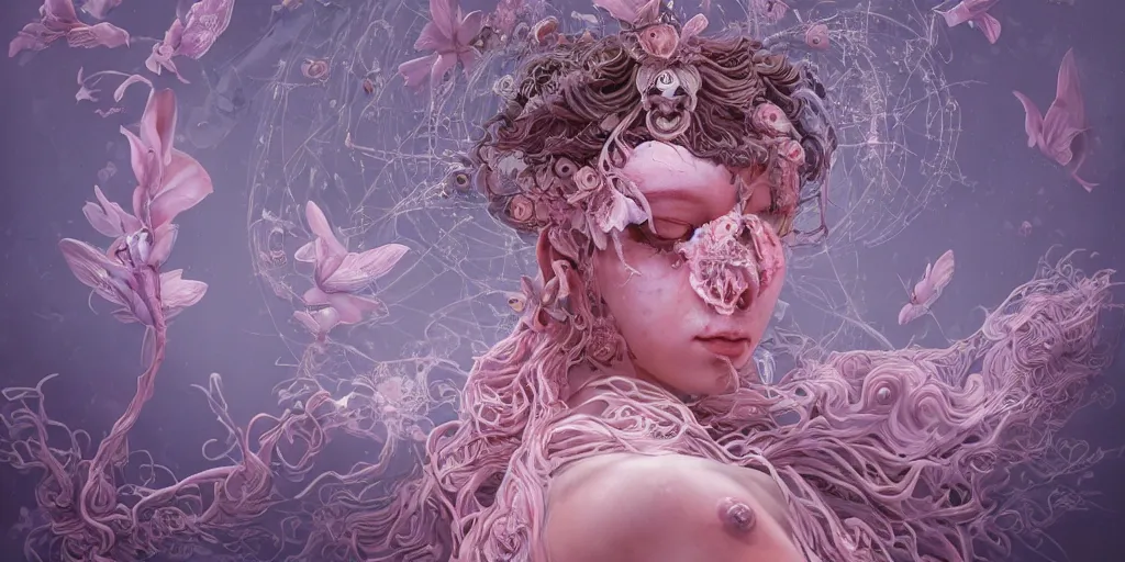 Image similar to hyperrealistic solarpunk photography of a highly detailed and symmetrical gorgeous cyborg nymph awash in a sea of pink milk in the style of beth cavener, jin kagetsu, james jean and wlop, highly detailed, face symmetry, masterpiece, award - winning, sharp focus, intricate concept art, ambient lighting, 8 k, artstation