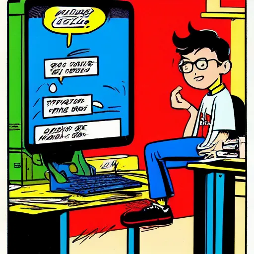 Prompt: a computer nerd guy sitting in front of a computer screen in a dark room, in the style of archie comics (1963), artstation, HQ scan, by geof darrow and moebius, geof darrow art, moebius art, hacker vibe, matrix vibe,