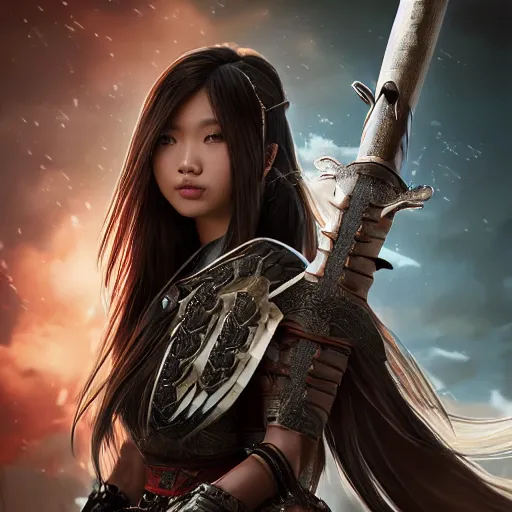 Prompt: a portrait of a full body beautiful asian girl, young with long hair, wearing monster hunter armor, hunting, longsword, horror scene, hyper - realistic, very detailed, intricate, very sexy pose, slight smile expression, unreal engine, dramatic cinematic lighting rendered by octane, 8 k, detailed