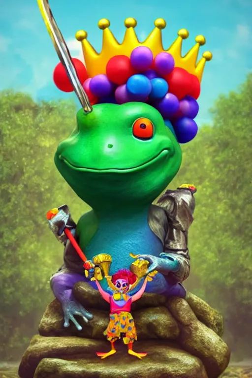 Image similar to clown frog king pulls the sword from the stone, clown frog king wearing clown makeup and rainbow wig, clown crown artwork by Todd Schorr, 3D rendering by Beeple