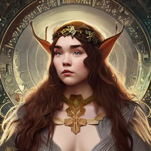 Prompt: Florence Pugh as a elf archer, cute, fantasy, intricate, elegant, highly detailed, centered, digital painting, artstation, concept art, smooth, sharp focus, illustration, art by artgerm and H R Giger and alphonse mucha