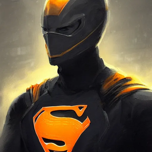 Image similar to portrait of a superhero by greg rutkowski, he looks like miles teller, he is wearing a black, orange and yellow kevlar gear, highly detailed portrait, digital painting, artstation, concept art, smooth, sharp foccus ilustration, artstation hq