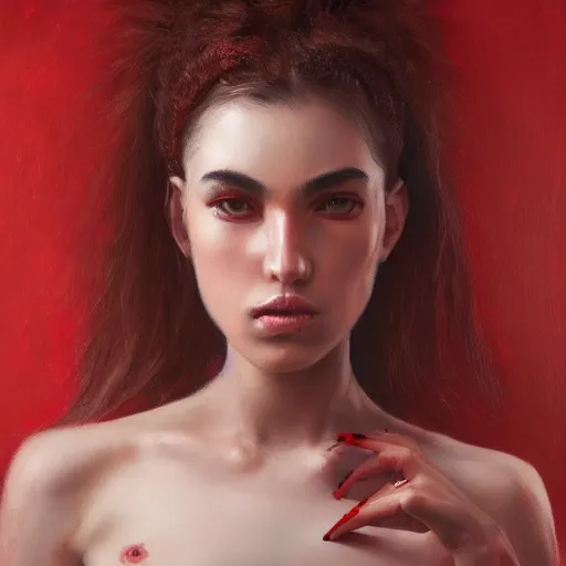 Image similar to a portrait of an intensely lit scutigera girl modeling, red, oil painting, pale colors, high detail, 8 k, wide angle, trending on artstation,