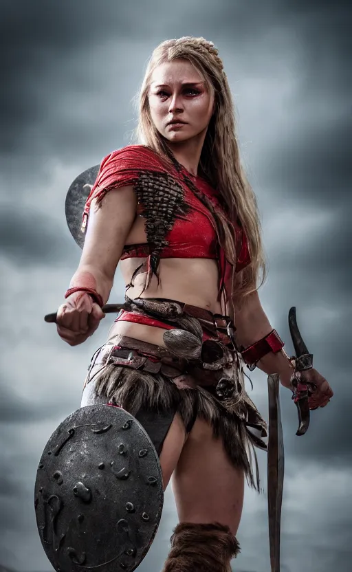 Prompt: photorealistic 3/4 photograph of beautiful female viking warrior, angry with big grey eyes, red tribal warpaint, Frank frazetta, arney freytag, octane, bokeh, 8k, action pose, bloody, cinematic, 28mm