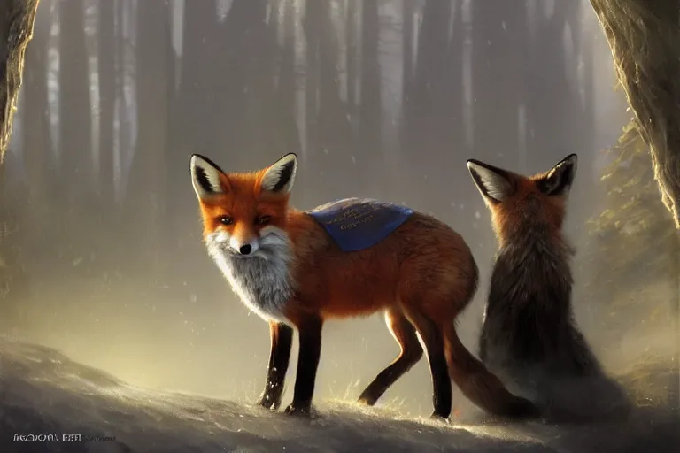 Image similar to portrait of a fox wearing blue coat stood outside a school, trending on artstation, highly detailed, digital painting, volumetric light, concept art, middle focus, illustration, lighting by Marc Adamus, daren bader, aleksi briclot, rutkowski, bouguereau