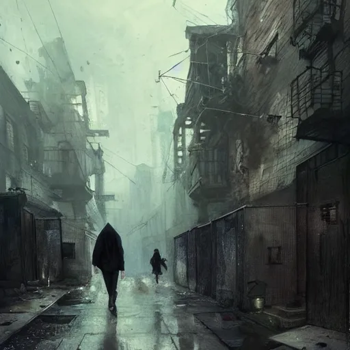 Image similar to sadie sink in oversized hoodie quickly runs by us | a scary robot runs towards us | background : alleyway near decaying tenements. concept art for scifi dystopian film. by nikolay makovsky, bob byerley, wadim kashin, andrea kowch. cinematic moody atmosphere, detailed and intricate, perfect anatomy