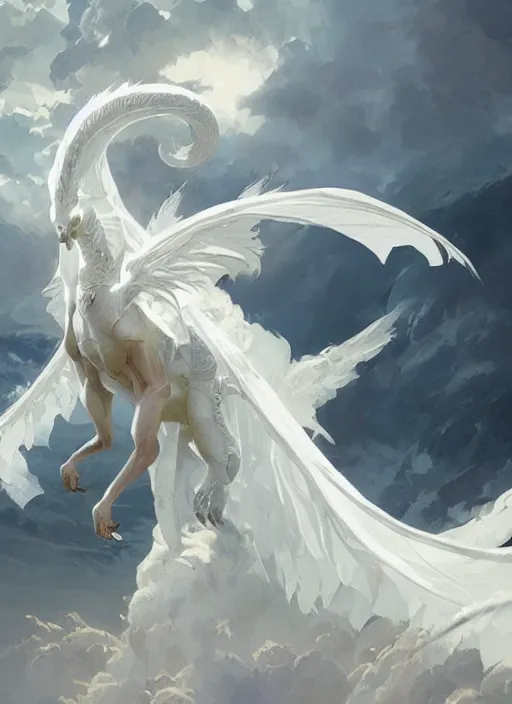 Image similar to an angelic white dragon, highly detailed, digital painting, artstation, concept art, sharp focus, illustration, art by greg rutkowski and alphonse mucha