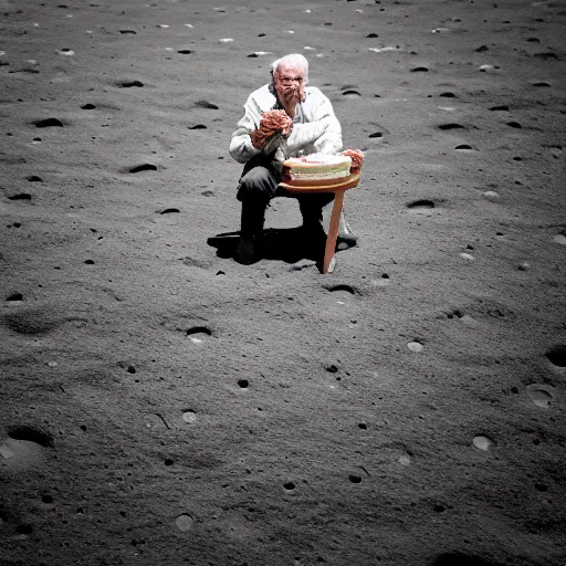 Prompt: an elderly man eating an ice cream on the surface of the moon, 🌕, 🍦, canon eos r 3, f / 1. 4, iso 2 0 0, 1 / 1 6 0 s, 8 k, raw, unedited, symmetrical balance, wide angle