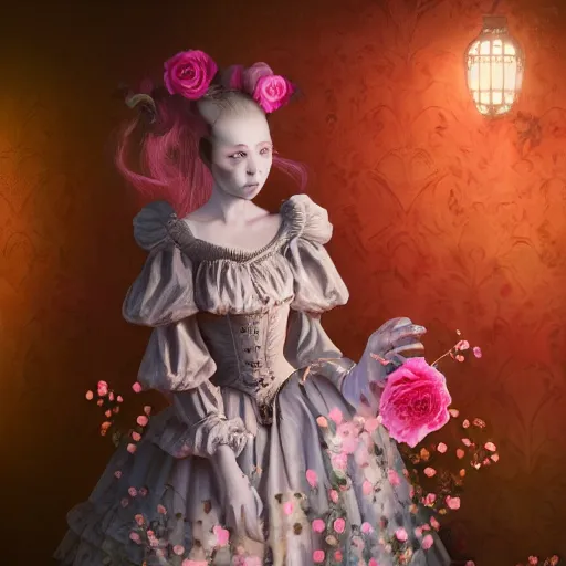 Image similar to 8 k, octane render, realism, tonalism, renaissance, rococo, baroque, cotton candy, creepy young lady wearing long harajuku manga dress with flowers and skulls ( background chaotic flowers )