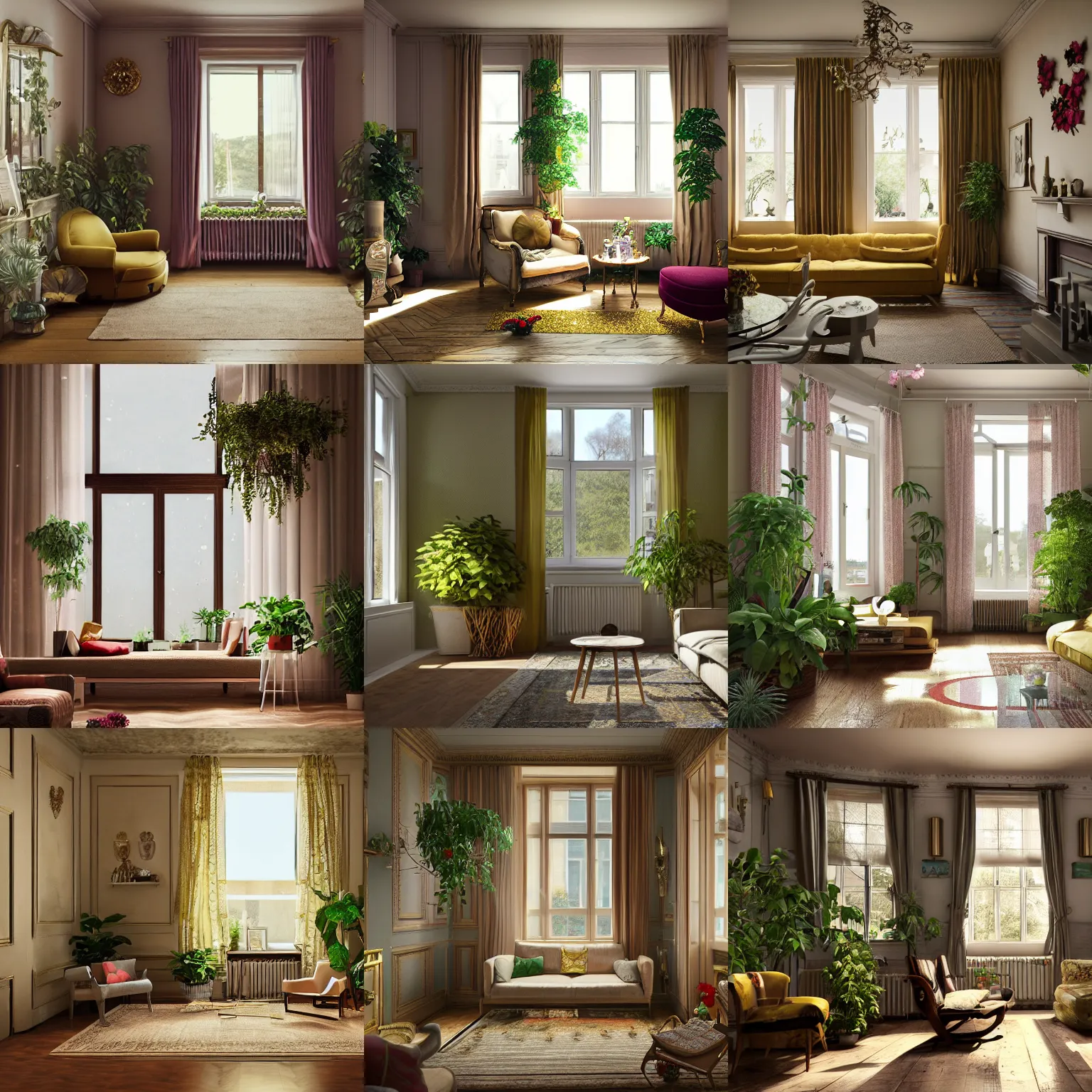 Image similar to beautiful rendering of an interior scene, english retro living room with sunlight coming from the window, plants and roses as accents, gold glittering ornaments, trending on behance, by raphael lacoste and craig mullins, rule of thirds, 8 k resolution, unreal engine, rendered in maya, detailed, wide - angle lens, two - point perspective, light effect, overall color balance