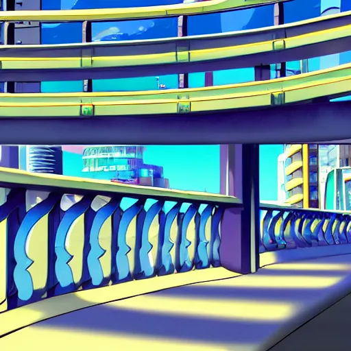 Image similar to oceanfront walkway, futuristic city, colorful city, curved railing, long railing, shining sea, cel - shading, 2 0 0 1 anime, cel - shaded, bright sunshine, jet set radio, mirror's edge, raytracing, toon - shading, strong shadows