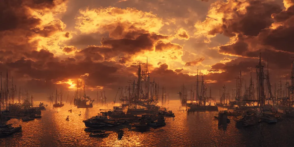 Image similar to a cinematic frame of a steampunk harbor at sunset, beautiful clouds in the sky, gold and copper color scheme hyperdetailed, 8 k