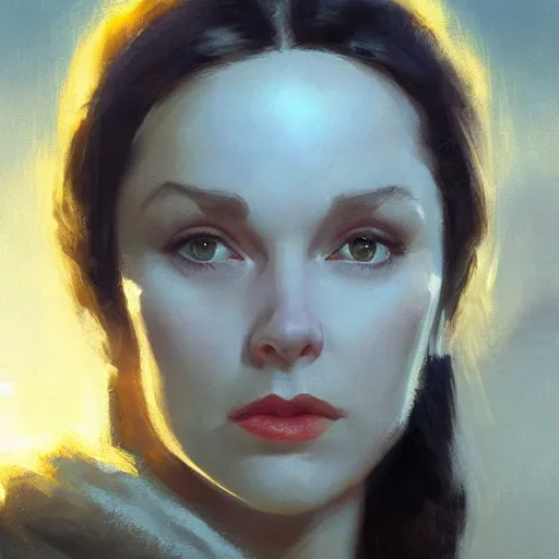 Image similar to closeup portrait of a young vivian leigh, chiaroscuro, city background, golden hour, dramatic lighting, high detail, painted by greg rutkowski, painted by igor kieryluk, trending on artstation