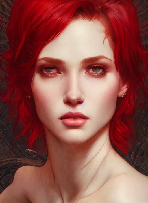 Prompt: Red short hair Portrait of man, fantasy, intricate, elegant, highly detailed, digital painting, artstation, concept art, smooth, sharp focus, illustration, art by artgerm and greg rutkowski and alphonse mucha