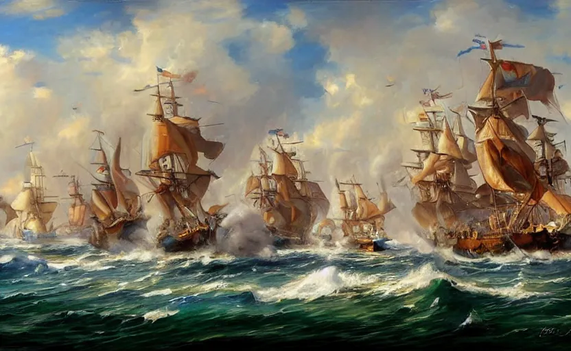 Image similar to Epic naval battle. By Konstantin Razumov, highly detailded