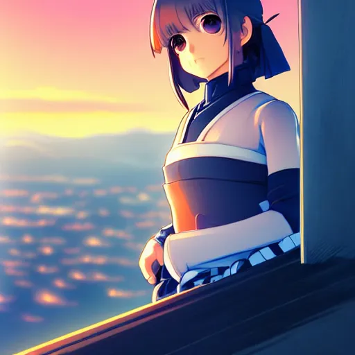 Image similar to digital anime art in the style of netflix arcane, cute female ninja sitting on an old japanese roof at golden hour, soft azure blue eyes, close up, wlop, ilya kuvshinov, backlit