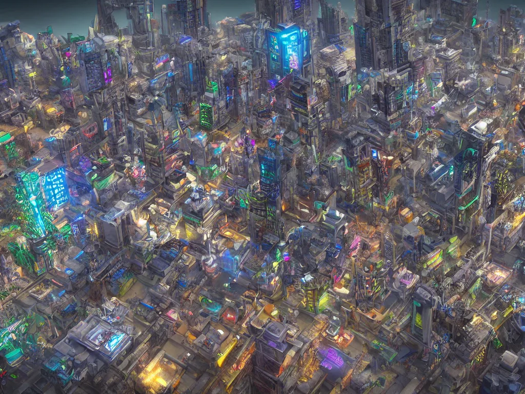 Prompt: 4k highly detailed 3d render of a cyberpunk hindu wave technodharma city