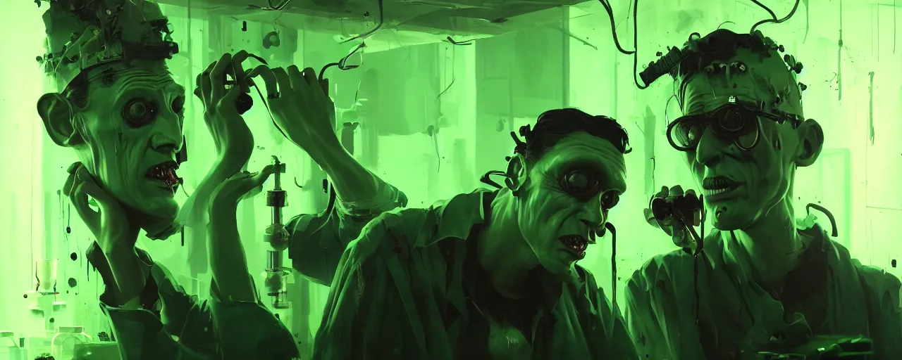 Image similar to duotone noir dark ghastly green concept illustration 3 / 4 portrait of frankenstein becoming alive in laboratory. cinematic scene film noir. volumetric lighting. golden rario accidental renaissance. by sachin teng and sergey kolesov and ruan jia and heng z. graffiti art, scifi, fantasy, hyper detailed. octane render. concept art. trending on artstation