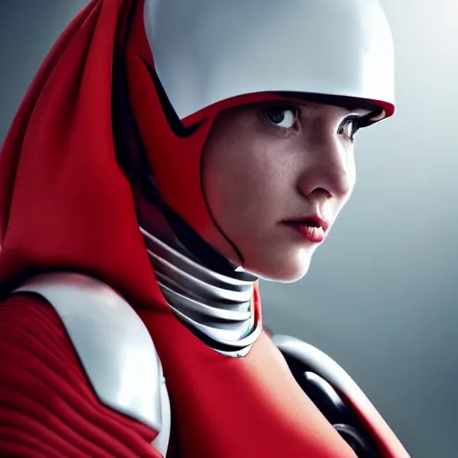 Image similar to portrait of a athletic female soldier in glossy sleek white armor with tiny red details and a long red cape, heroic posture, on the surface of mars, night time, dramatic lighting, cinematic, sci-fi, hyperrealistic