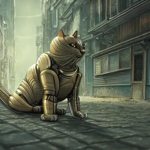 Image similar to gold and silver tones, cybernetic cat in a deserted town, style of moebius, james jean, rutkowski, cinematic, high detail, award winning, 8 k photorealistic