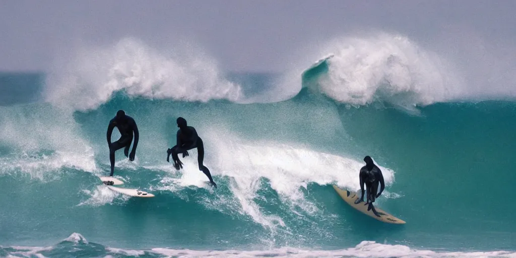 Image similar to devil worshippers in robes belonging to the cult of the ocean surfing in waves, standing on surfboards, surfing inside one large barreled wave, high detailed colors, blue