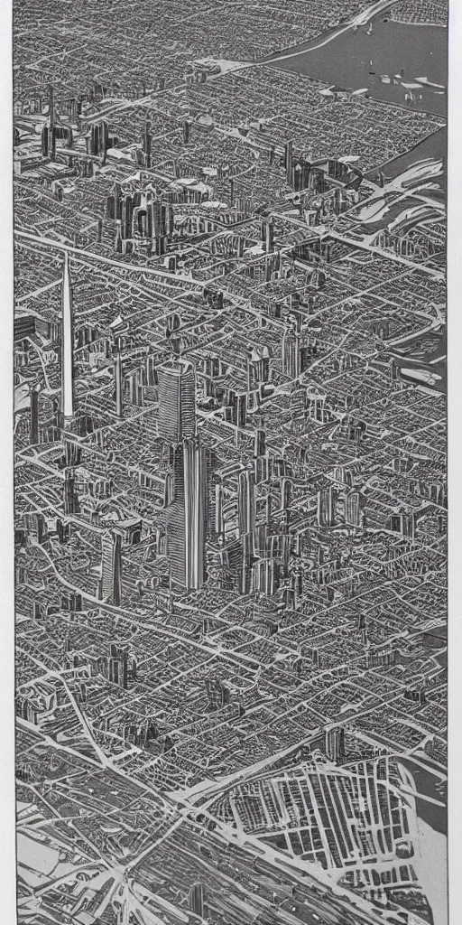 Image similar to high detail woodcut of toronto in the 1 9 7 0 s, aerial photography.