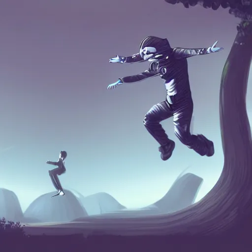 Prompt: a zero - gravity futuristic scene, of a man jumping over a tree, concept art, trending on art station