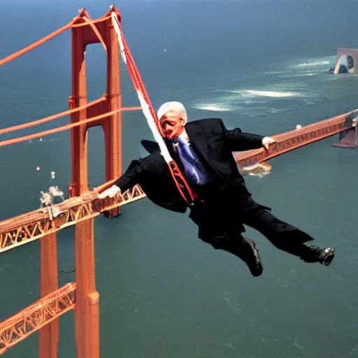 Image similar to national geographic photo of Bill Clinton bungie jumping off golden gate Bridge