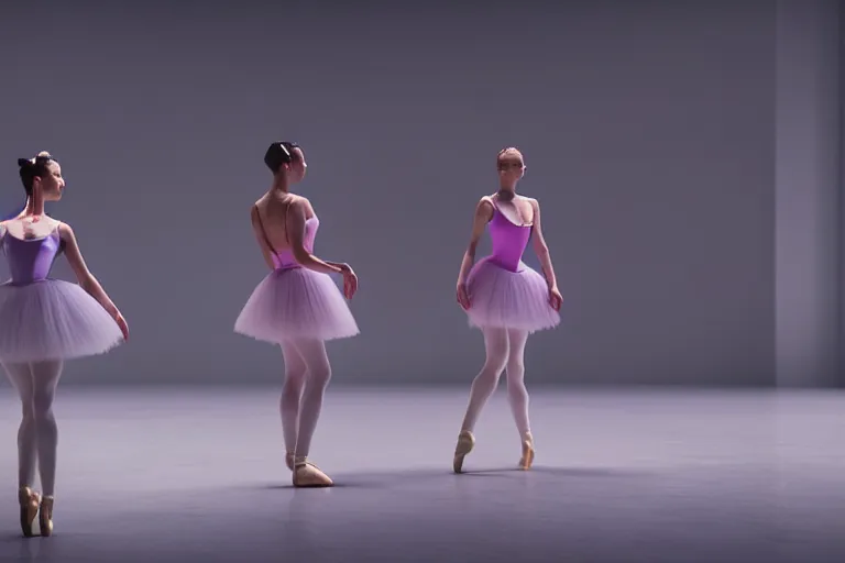 Image similar to vfx film closeup, futuristic ballerinas stand - off, flat color profile low - key lighting award winning photography arri alexa cinematography, hyper real photorealistic cinematic, atmospheric cool colorgrade