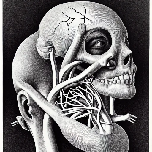 Image similar to surreal heart head anatomical atlas dissection center cut, lithography on paper conceptual figurative ( post - morden ) monumental dynamic soft shadow portrait drawn by hogarth and escher, inspired by goya, illusion surreal art, highly conceptual figurative art, intricate detailed illustration, controversial poster art, polish poster art, geometrical drawings, no blur