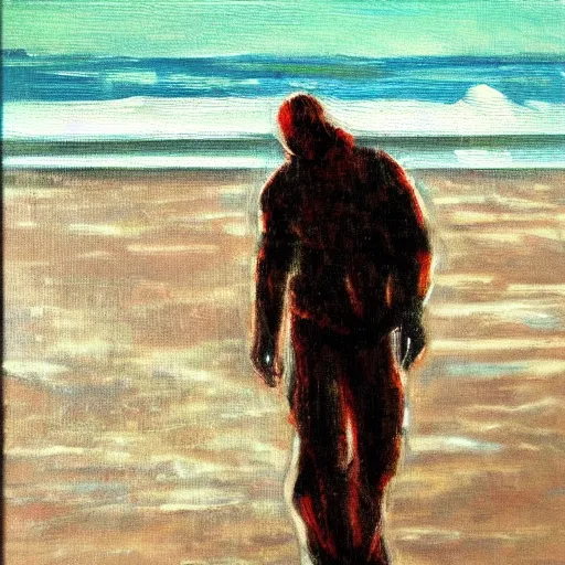 Image similar to a man in a hazmat walking on an abandoned beach, oil painting