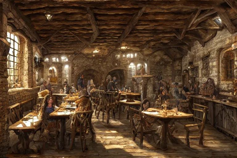 Image similar to A medieval tavern, texture, intricate, details, highly detailed, masterpiece, architecture, building, trending on artstation, focus, sharp focus, concept art, digital painting, fantasy, sunny, day, midday