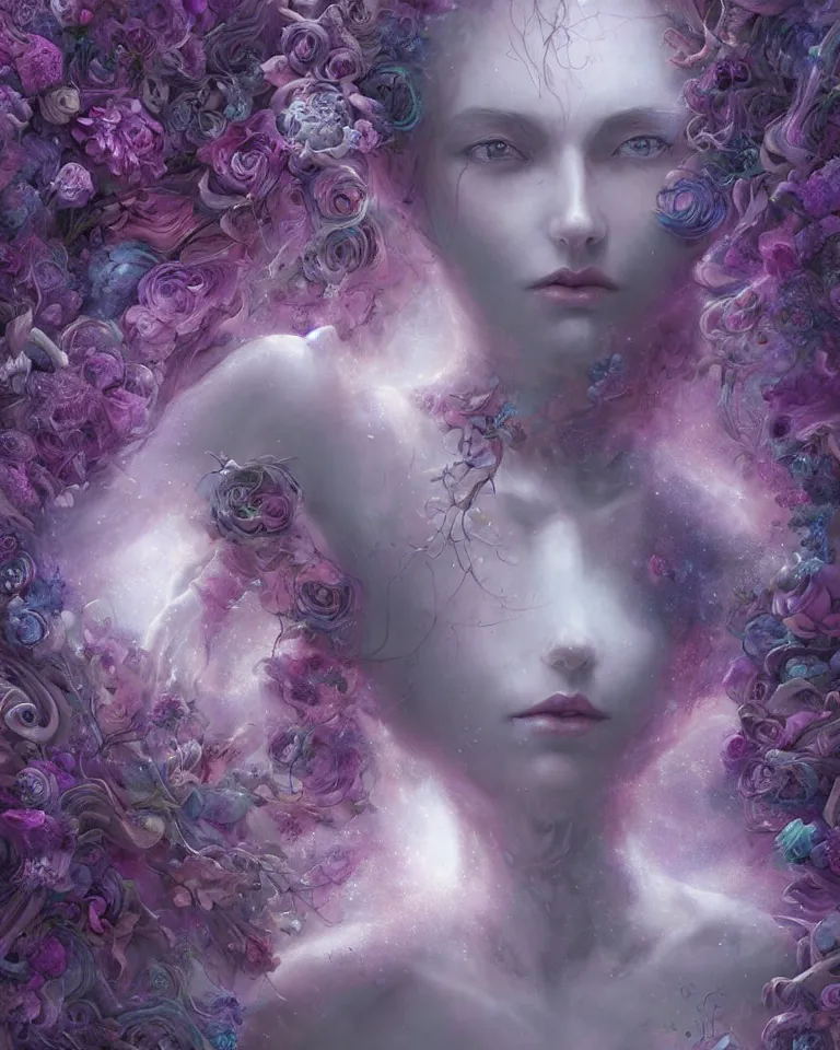 Prompt: a digital painting of interlaced gorgeous etherial female sculptures, made of mist, made of flowers, Andrew Ferez, Charlie Bowater, Marco Mazzoni, Seb McKinnon, Ryohei Hase, Alberto Seveso, Kim Keever, trending on cgsociety, featured on zbrush central, new sculpture, mystical